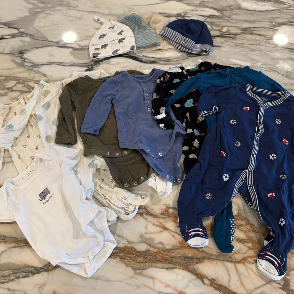Lot of 8 Baby Boy Onsies and Footies with 4 Hats | 0-3 Months